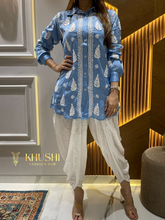 Load image into Gallery viewer, Chikankari Modal Satin Blue Shirt
