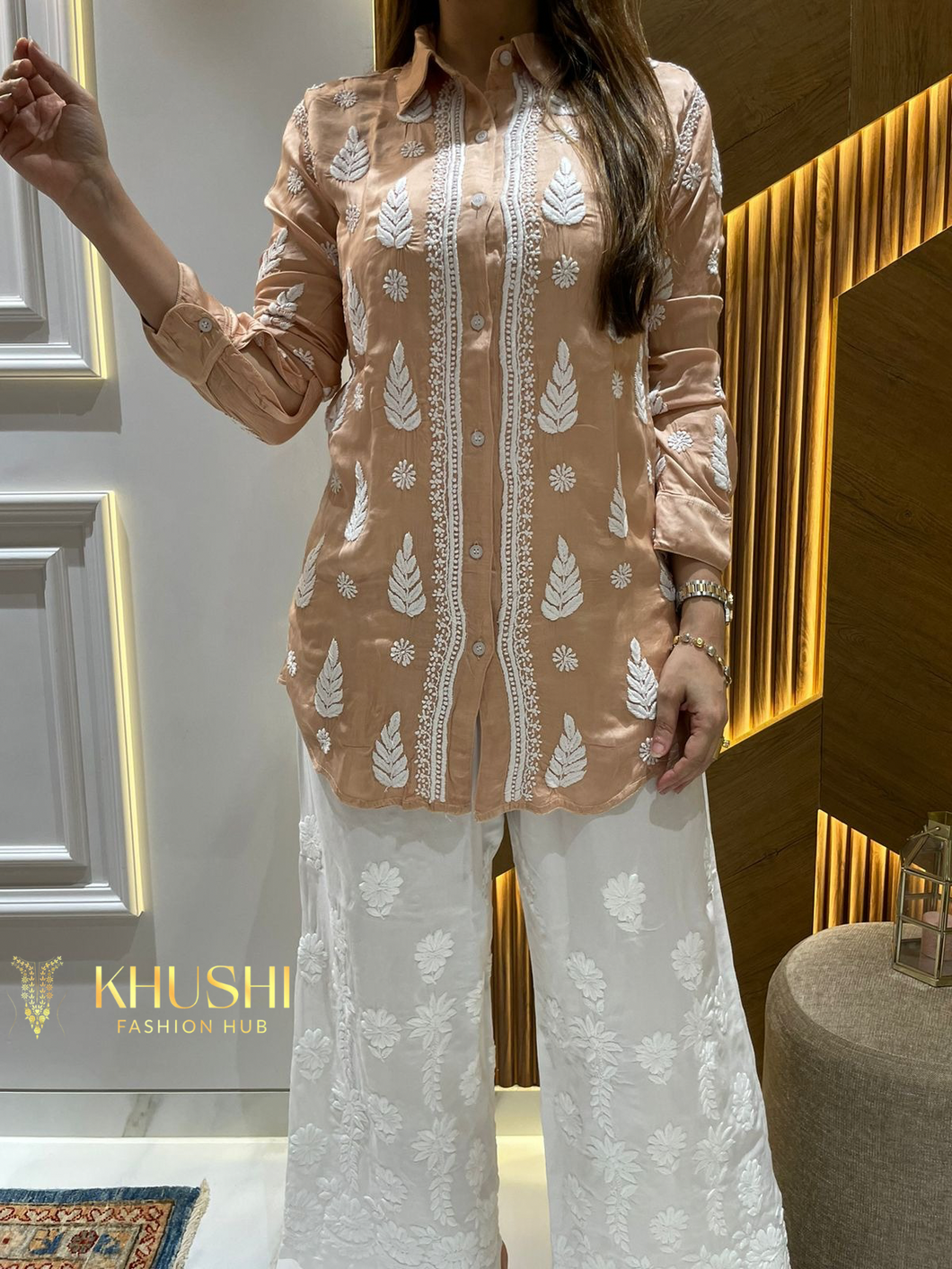 Chikankari Modal Satin Brown Shirt