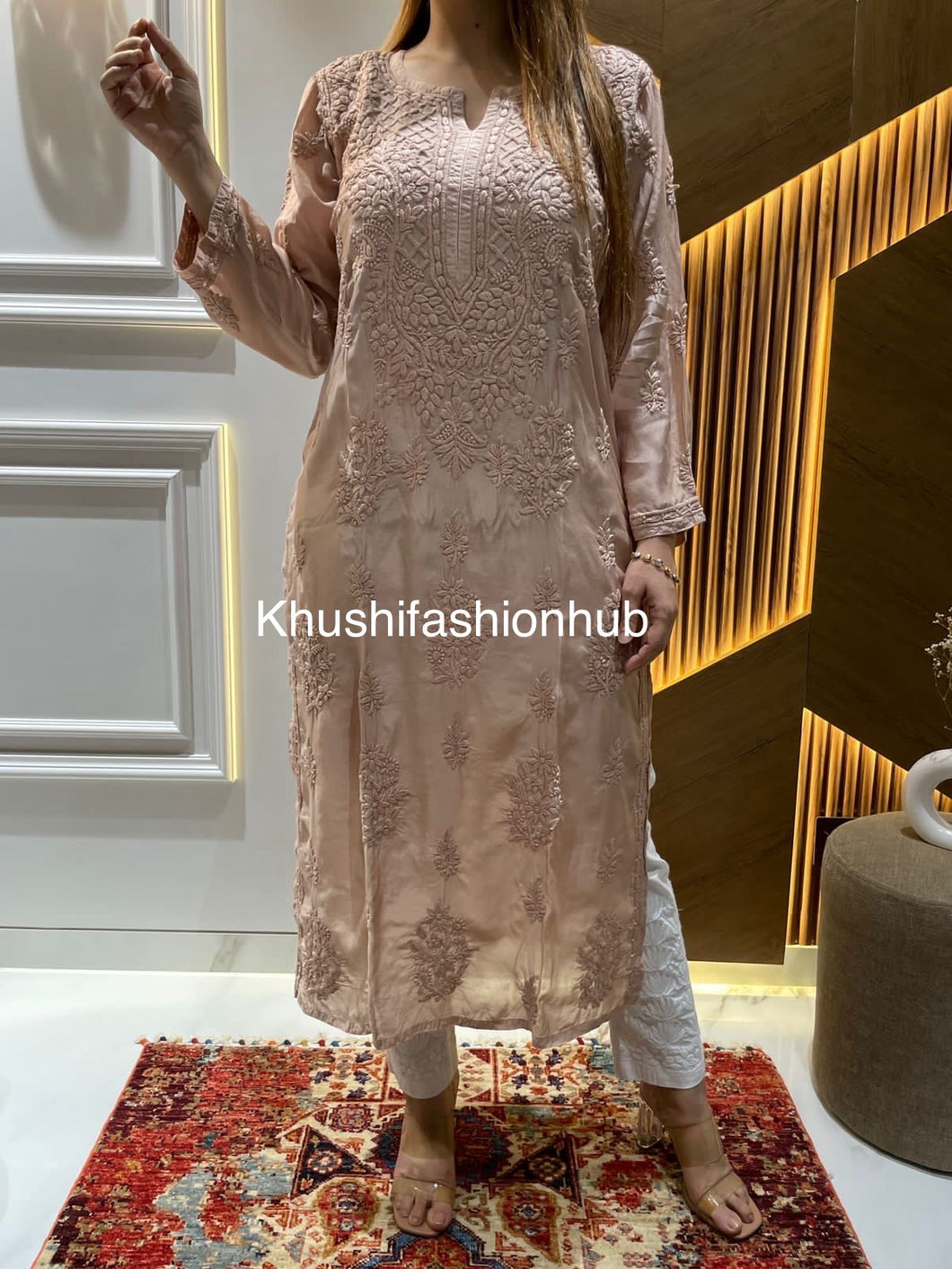 Chikankari Muslin Silk Beige Kurti