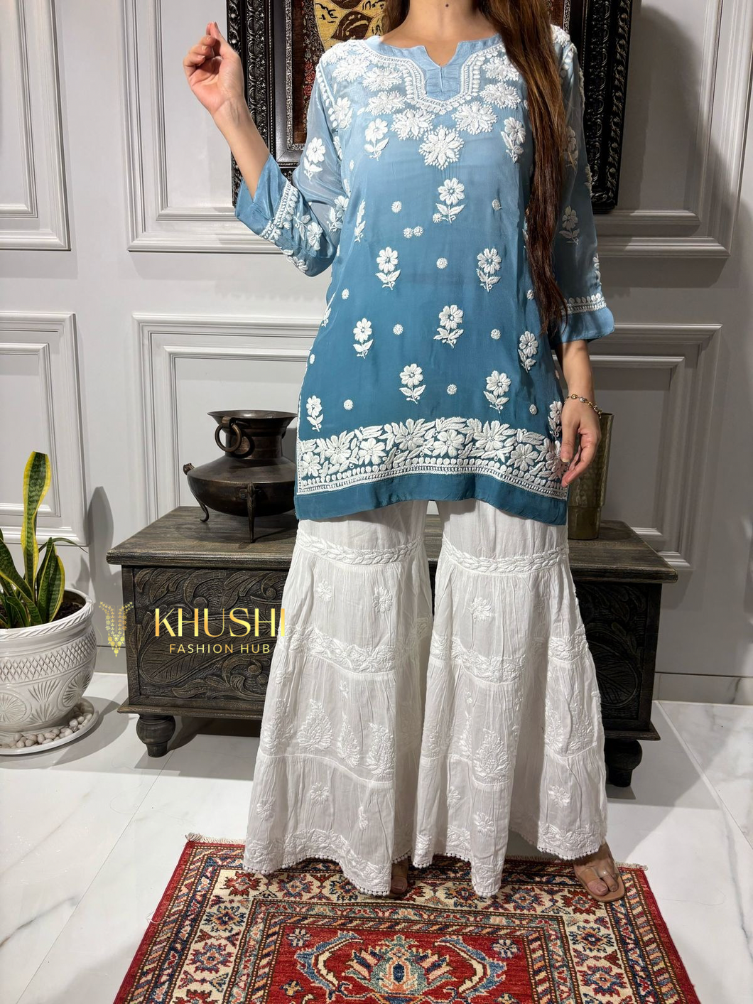 Chikankari Crepe Silk Short Kurti
