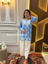 Load image into Gallery viewer, Chikankari Modal Blue Short Kurti
