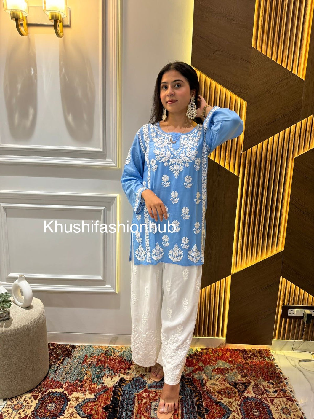 Chikankari Modal Blue Short Kurti