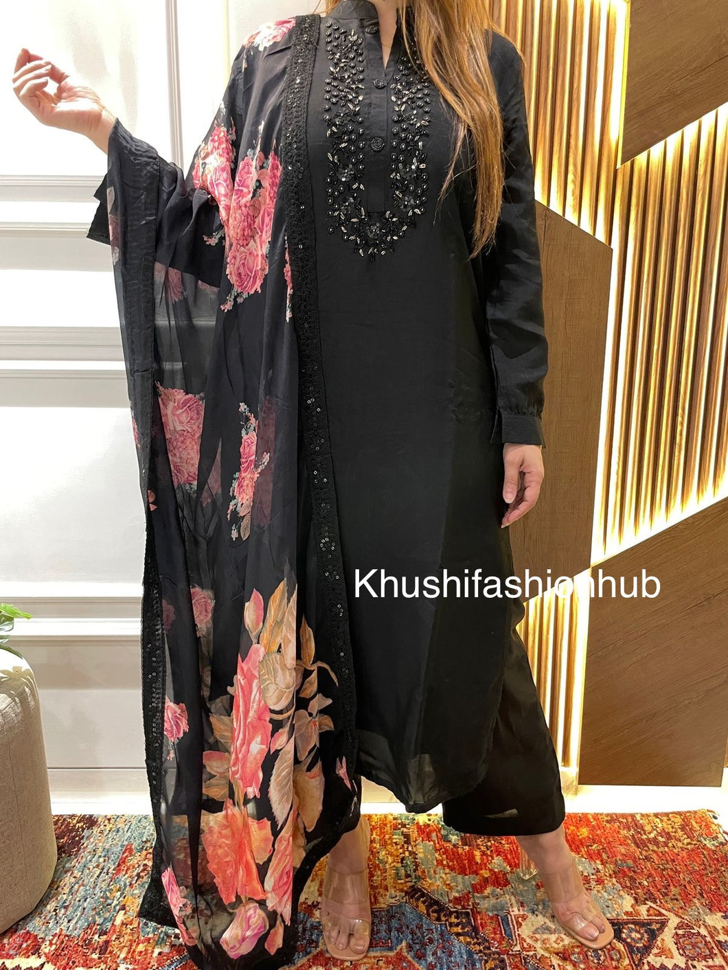 Black Heavy Embroidery Suit