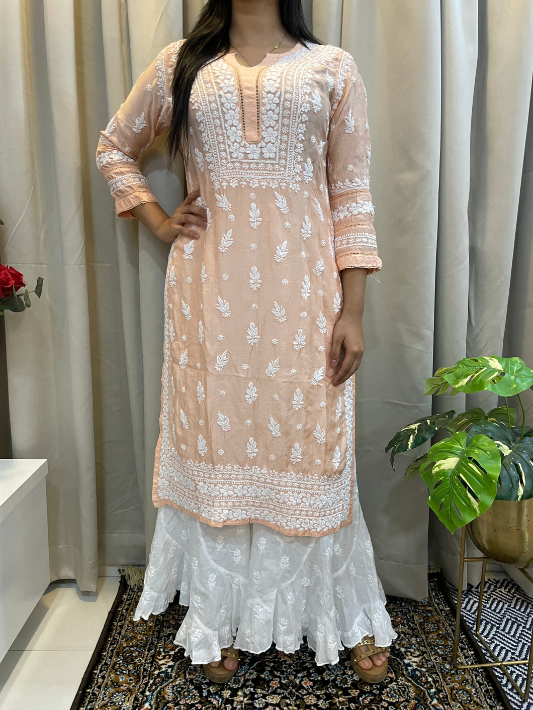 Muslin Chikankari kurta - Pale orange