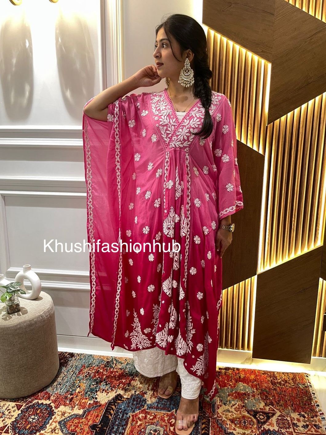 Chikankari Viscose Crepe Pink Kaftan