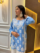 Load image into Gallery viewer, Chikankari Modal Blue Short Kurti
