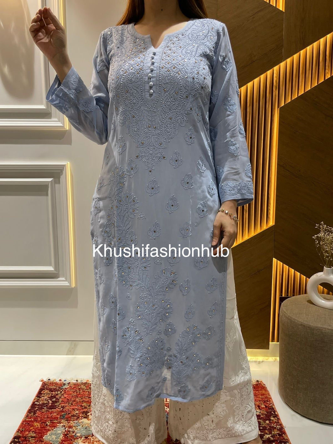 Chikankari Viscose Blue Kurti