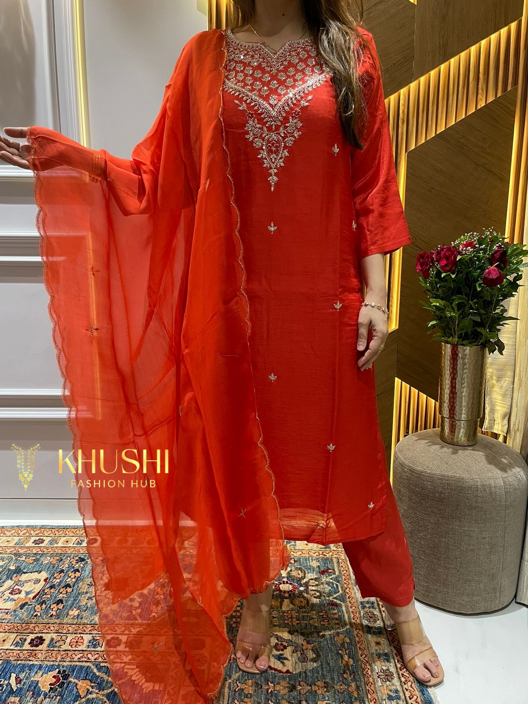 Orange Hand Zardozi Suit