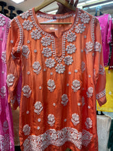 Load image into Gallery viewer, Chikankari Crepe Silk Short Kurti
