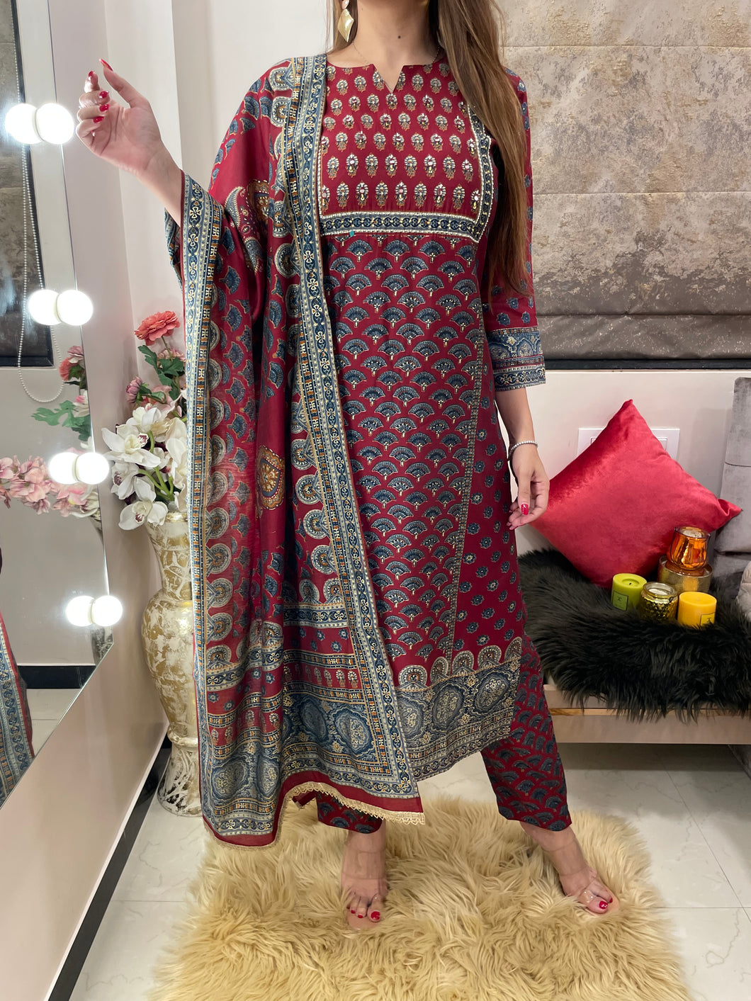 Marroon Suit Printed